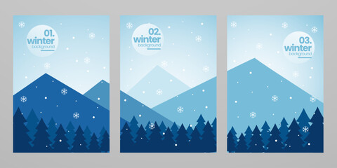 Flat winter mountain landscape minimalist design flat background set