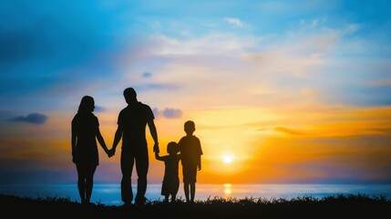 Happy family silhouette against stunning sunset sky,  beautiful nature landscape evoking family vacation concept.