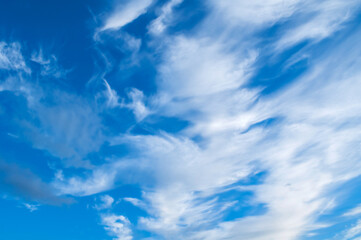 Dramatic blue cloudy sky view - natural blue sky background. Blue sky landscape view