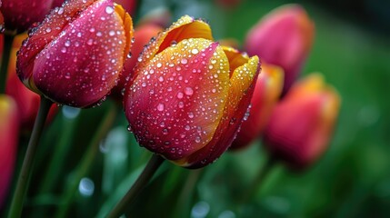 Poster - Close-Up of Raindrops on Colorful Tulips in Garden