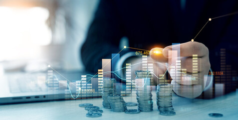 Poster - Business financial graph diagram of coin. Financial growth data or investment market profit bar and success report.Saving money concept.Stack of coins with trading price graph growth.