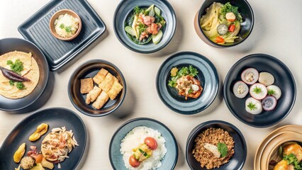 Wall Mural - Set of various delicious food in black dishes isolated on transparent background, Top view of various menu served on plates.