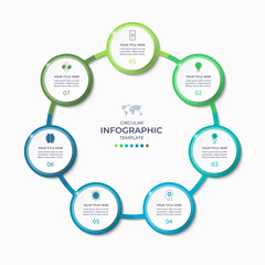 Wall Mural - Infographic cycle diagram with 7 options, steps, circles. Round chart for business infographics. Can be used for data visualization, presentation, report, brochure, web design.