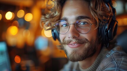 Poster - A man with glasses and a beard is wearing headphones and smiling