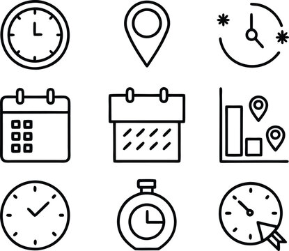 Time, date and address line icon set. Clock, calendar, location pin. Editable stroke. Vector illustration.