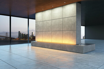 Wall Mural - Modern exhibition space with a concrete wall and city view. 3D Rendering