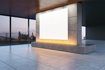 Poster - Spacious modern interior with blank billboard and city view. 3D Rendering