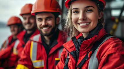 A group of people wearing red safety gear are smiling for the camera