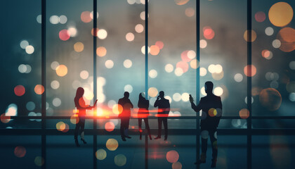 Poster - Silhouetted businesspeople team in office with city night view and bokeh lights background.
