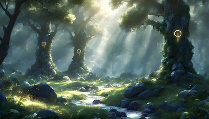 Wall Mural - Serene forest atmosphere with sunlight filtering through lush green canopy, inviting tranquility and relaxation in nature