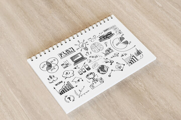 Poster - Sketchbook with Business Strategy Doodles on Wooden Desk. 3D Rendering