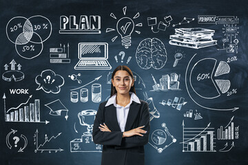 Aufkleber - Businesswoman standing in front of a chalkboard with business and strategy doodles.