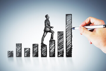 Poster - Hand-drawn sketch of a person climbing stairs made of bar graphs, symbolizing business growth and success.