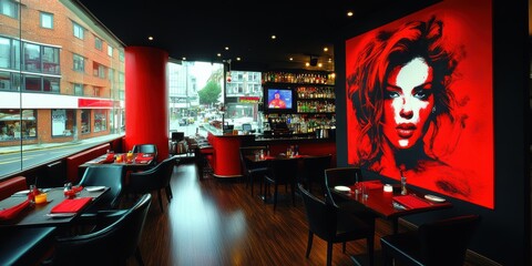 Wall Mural - A modern urban cafe with sleek decor, featuring black and red-themed furnishings, a large vibrant red mural of a woman's face, and a view of a bustling city street through the windows