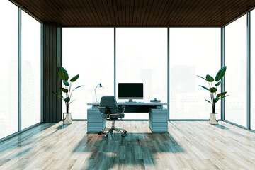 Poster - Modern empty office with desk and large windows overlooking city skyline. 3D Rendering