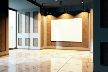Poster - Modern gallery interior with empty poster frame on wooden wall. 3D Rendering