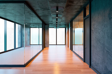 Poster - Modern office hallway with glass walls and wooden floor. 3D Rendering