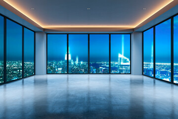 Wall Mural - Modern unfurnished office room with large windows overlooking city skyline at night. 3D Rendering