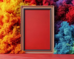 Colorful smoke behind an empty frame on a vibrant background.