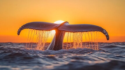 Wall Mural - A whale's tail emerges from the water, creating a dramatic silhouette against the setting sun.