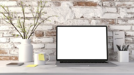 Poster - Laptop on White Desk with Brick Background
