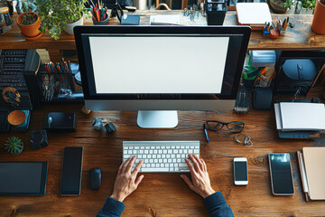 Sticker - A person is typing on a computer at a desk with a keyboard, a cell phone