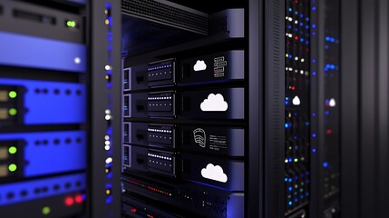 Poster - Close-up of server racks with cloud computing icons.