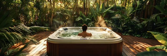 A person enjoys a serene soak in a hot tub on a wooden deck, embraced by vibrant tropical plants, providing a peaceful escape in nature