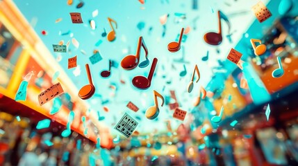 Poster - Melodic Whispers in Vivid Hues, a vibrant display of musical notes suspended in mid-air, creating a whimsical atmosphere against a kaleidoscopic backdrop of colors.