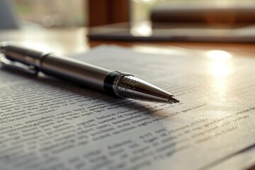 Silver pen is lying on a sheet of paper covered with printed text, illuminated by warm sunlight