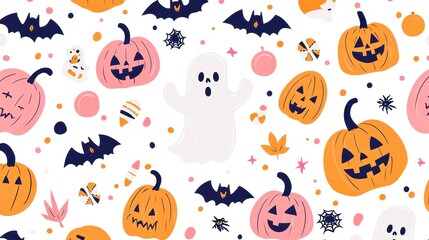 Halloween seamless pattern featuring Day of the Dead symbols, playful autumn motifs, spooky sketches of ghosts and pumpkins, enchanting wallpaper design for festive decor.