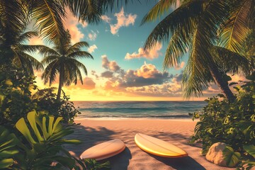 Two surfboards rest on a sandy beach with palm trees in the background.