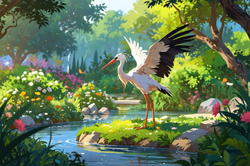 Wall Mural - A white stork with outstretched wings stands on a small island in a stream, surrounded by lush greenery and colorful flowers in a peaceful forest setting.