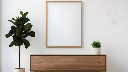 Canvas Print - blank poster frame mockup on white wall living room with wooden sideboard with small green plant