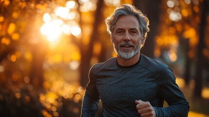 Wall Mural - A man is running in a park with a beautiful sunset in the background