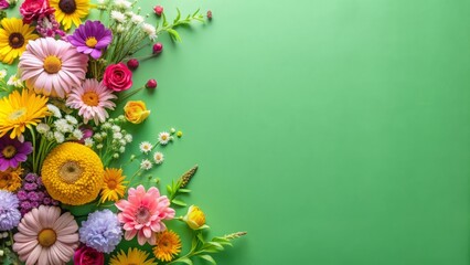 colorful flowers arranged on a green background with space. banner, card for spring, summer, gardeni
