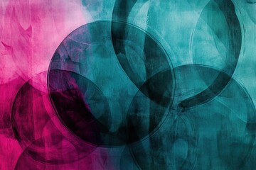 Poster - abstract circles and lines, transparent layers, dark teal and light magenta