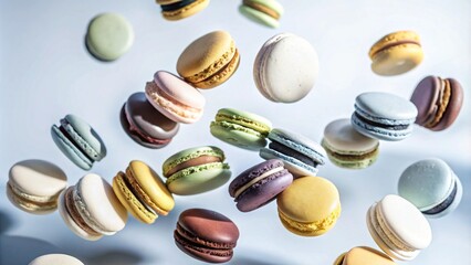 Wall Mural - Various colorful of macarons floating on the air isolated on clean png background, Desserts sweet cake concept,