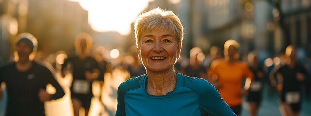 Wall Mural - A close-up shot of an elderly woman with short blonde hair, smiling and wearing blue running gear, stands in the foreground at sunrise