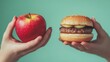 © Nakron - One hand holding apple fruit, other holding hamburger. Healthy natural organic fresh vegetarian food vs unhealthy processed fast junk food meat. Nutrition diet lifestyle, Generative Ai