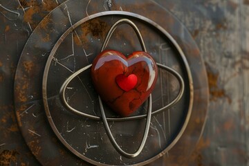 Poster - Red heart with a smaller heart inside, symbolizing love in the context of an atom structure, representing the power of love