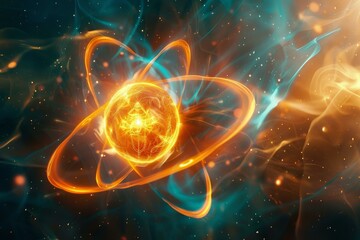 Poster - Abstract representation of an atom with electrons orbiting around a nucleus, symbolizing nuclear energy, scientific research, and quantum physics