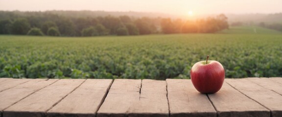 Wall Mural - Fresh apples on table, garden background. Autumn harvest