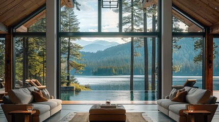 Poster - Interior of luxury lake house with views of the mountains and tall pine trees.