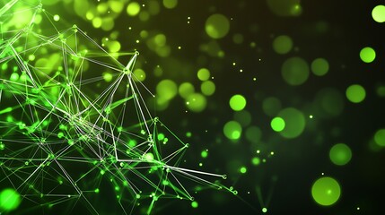Abstract green and white geometric pattern with bokeh effect on black background.