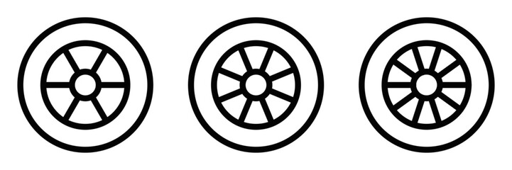 Vector illustration set of car wheel icons, depicting vehicle parts, tires, or automotive design elements. Editable stroke.