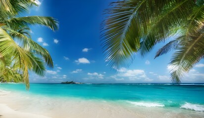 A pristine tropical beach with fine white sand, framed by swaying palm trees. Crystal-clear turquoise waters lap gently against the shore under a bright, sunny sky.