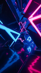 Poster - Vibrant neon lights in shades of blue and pink illuminate a space filled with sharp angular shapes. The abstract design creates a dynamic atmosphere, perfect for modern aesthetics
