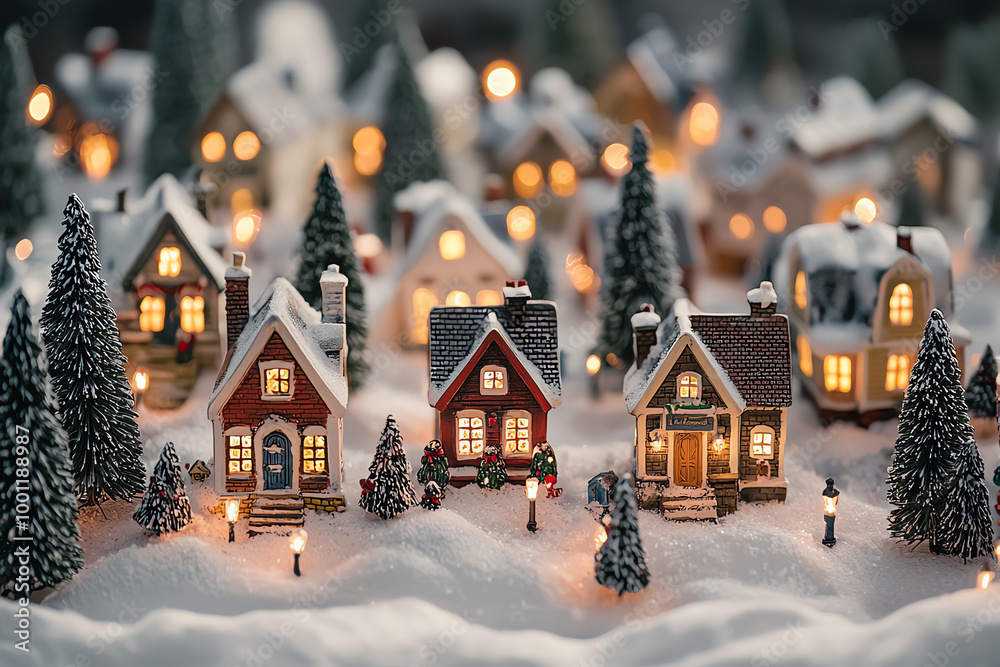 Snowcovered Christmas village glowing with festive lights and cozy ...