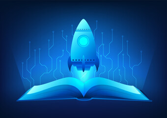 Poster - Technology Education, Rocket rising from an open book in mid-air, with an electric circuit around it, represents the integration of technology and education, creating knowledge and a limitless future.